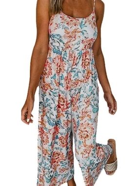 Floral Wide-Leg Jumpsuit in White, Coral & Teal